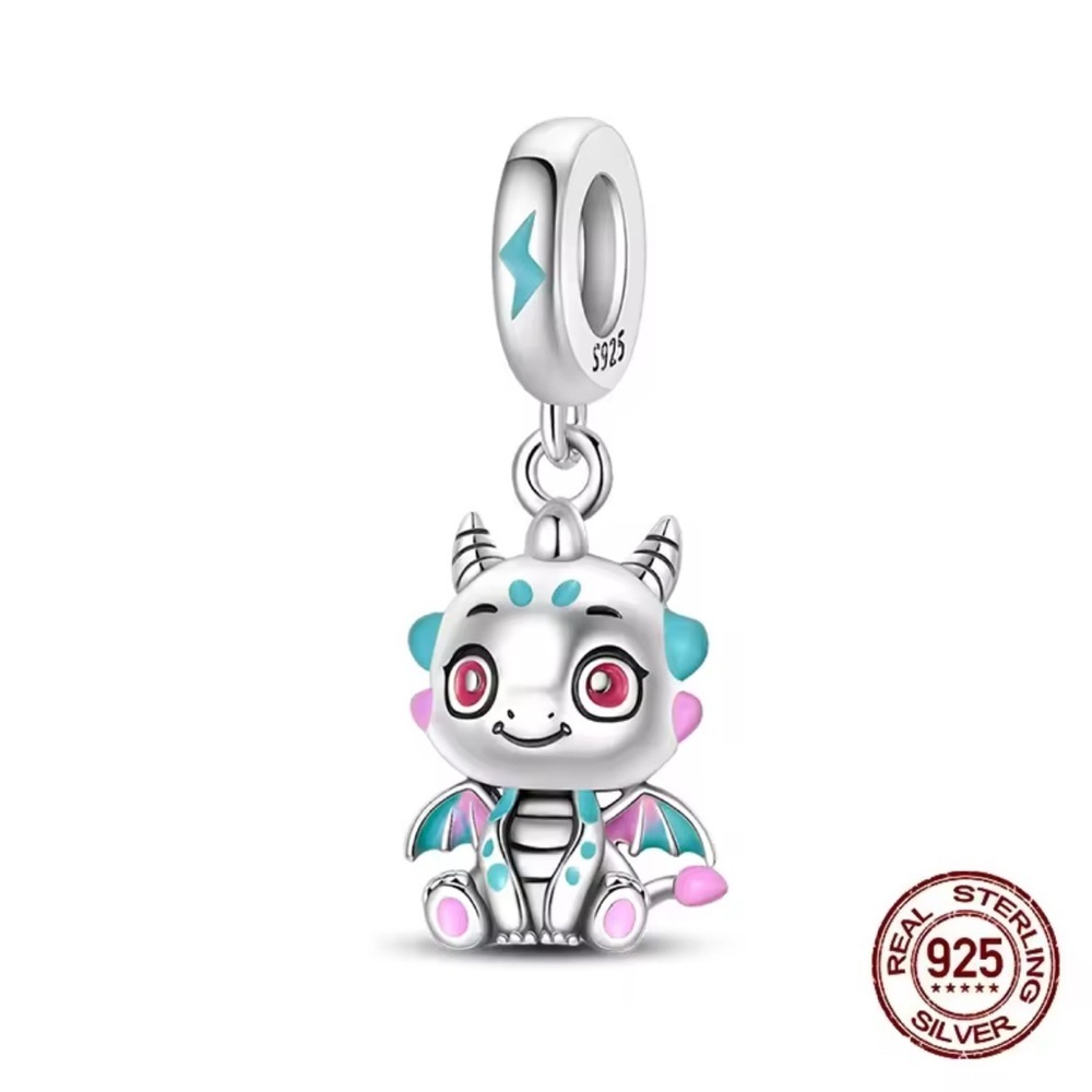 925 Sterling Silver Dragon Charm Bracelet Pendant Enameled Colors Detail Kawaii
